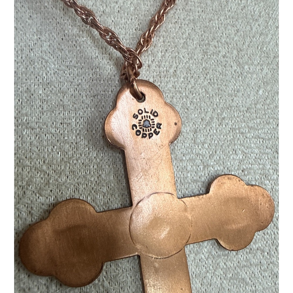 BEAUTIFUL VINTAGE BELL SOLID COPPER & TURQUOISE CROSS NECKLACE & 24" CHAIN - Picture 2 of 8